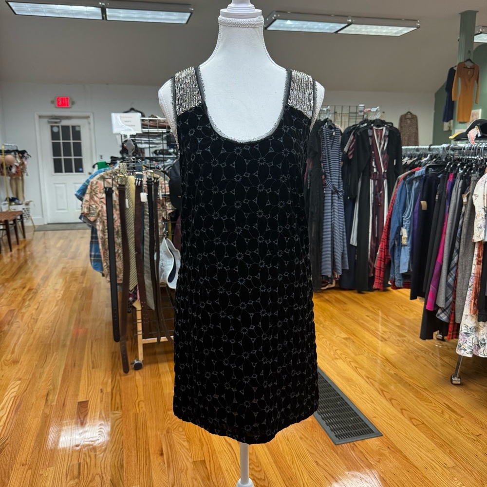 Free People Black Velvet Beaded Danced to Pieces Boho Mini Dress